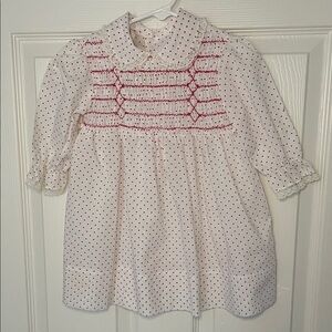 Vintage White and Red Smocked Long-Sleeve Girls' Casual Dress